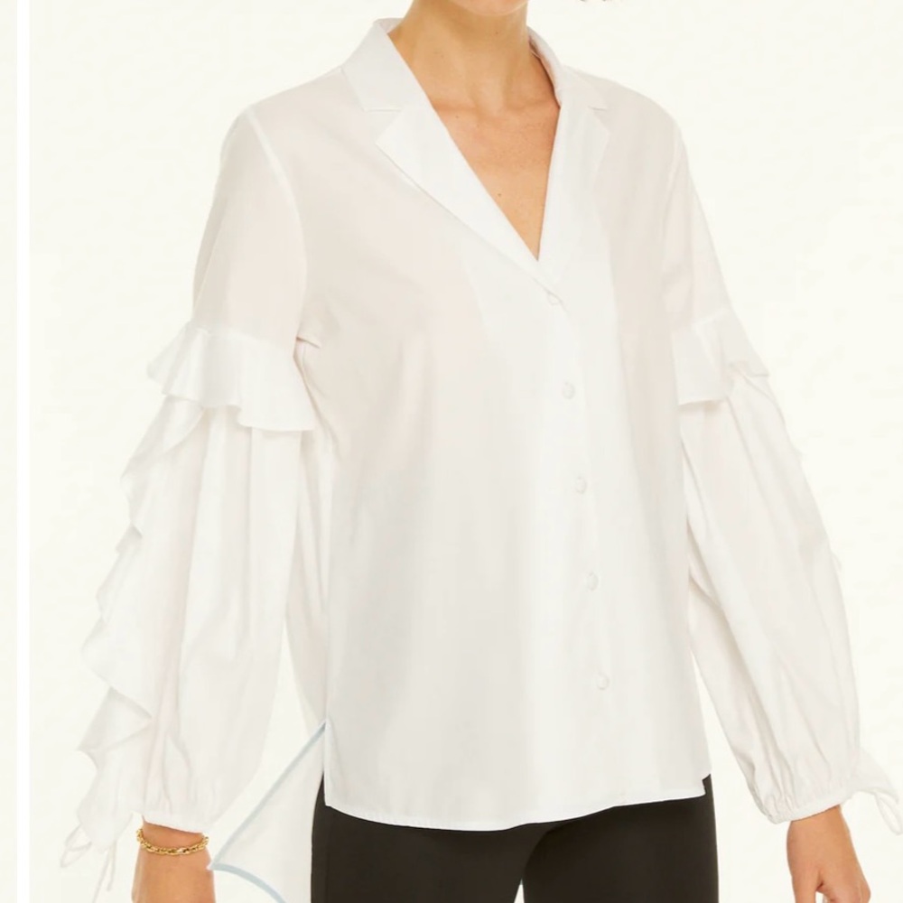Harshman Tunic Medium NWT White 100% Cotton Vivona Ruffled Sleeves‎ Notch Collar